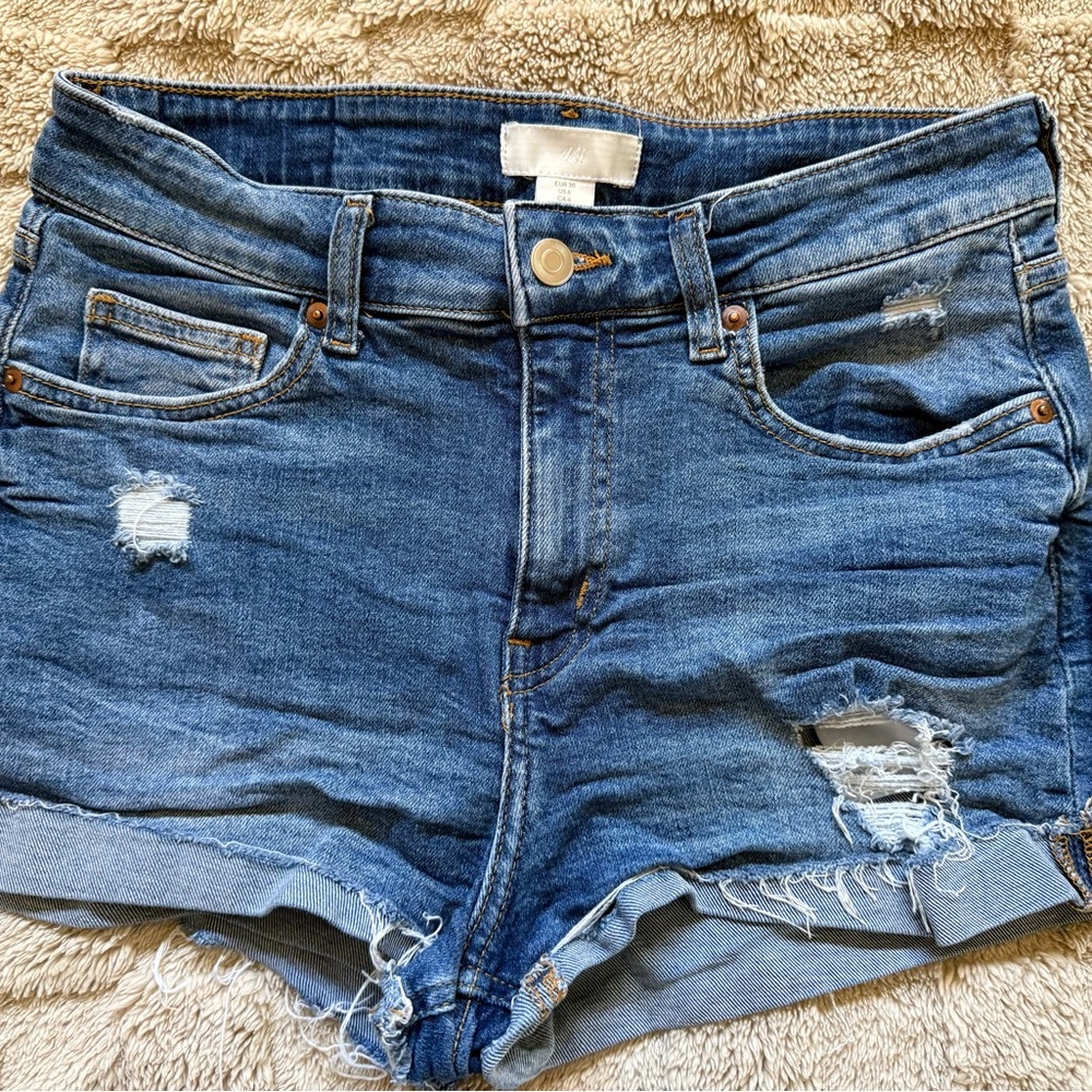 H and M Blue Distressed Denim Shorts